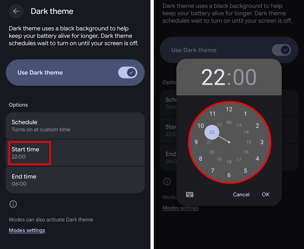 Tap Start time and End time to set when Dark theme will turn on and off